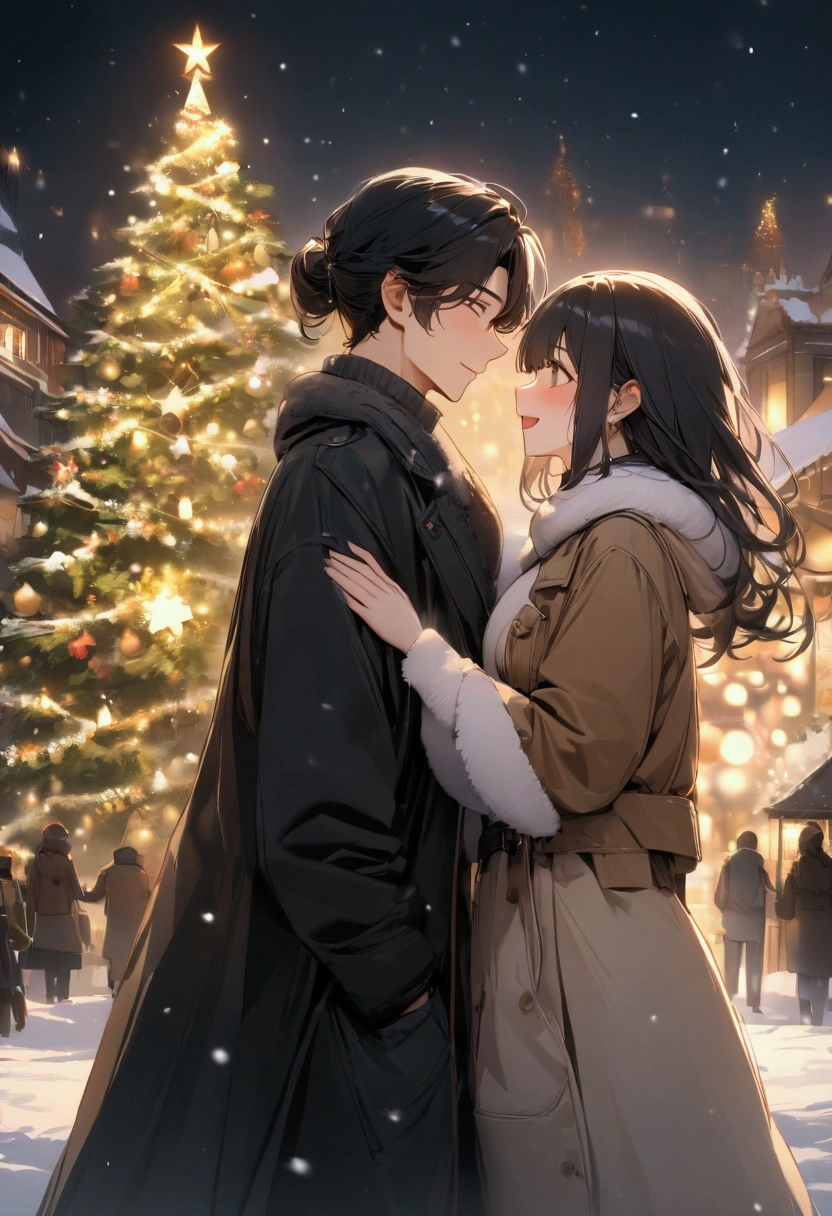 (masterpiece,  high definition,  high definition , 8k), In the snow,  beautiful woman ( cute profile , Medium-long black hair ), and a handsome man,  they look at each other 、Laughing happily,  I look up at the big shining Christmas tree,  in the city of lights that shine at Christmas markets , The world of pure white,  A world of sorrow ,  beautiful snow dances quietly , Viewed from afar,  The world of hazy snow ,  shines like diamond powder 