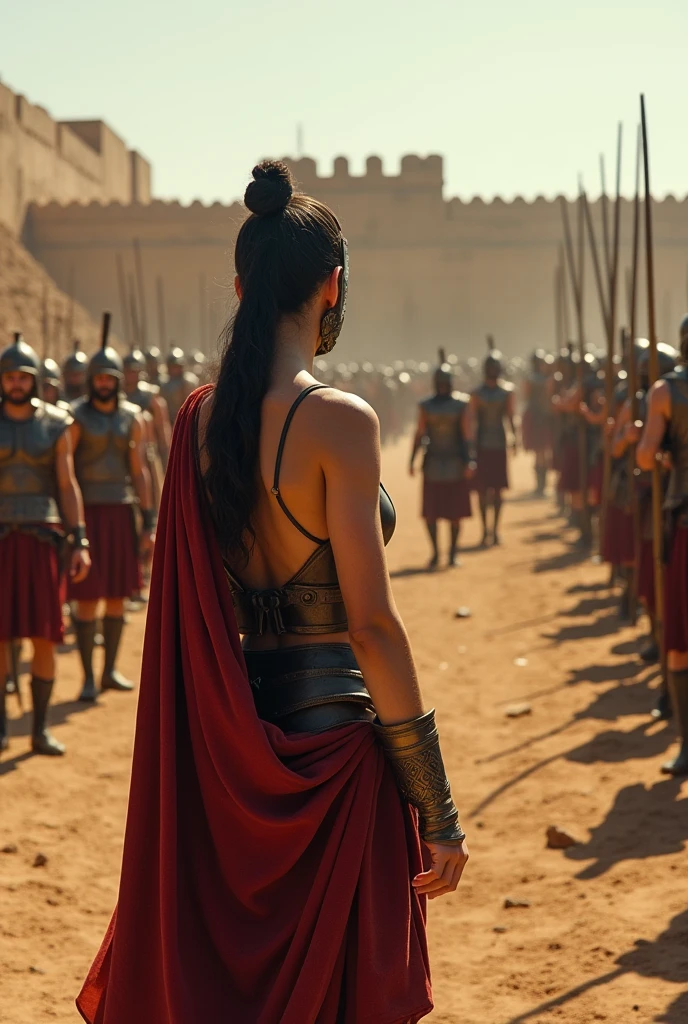 From behind, ((work of art, highest quallity, best quality image, high resolution, realisitic, RAW Photos, 8k)), ((Highly detailed CG synthesis 8k wallpaper)), (huge and stunning photo of the goddess, Very hot and sexy, Incredible beauty, perfect proportions, Body cute, Slim Body Beauty:1.4), An Arafed woman in armor holding a sword and shield, Portrait of a wild woman画, north Female Warrior, very beautiful berserker woman, north adult Female Warrior, barbarian woman, Female Warrior, Portrait of a wild woman, Savage Female Warrior, very beautiful barbarian woman, barbarian class, Portrait of a Female Warrior, RPG portrait concept art, (beautiful female warrior, Carrying a dagger and a small shield, wearing a red scarf, leather armour), (blond, blue colored eyes, darkskin), (amphitheater, Fighting while being watched by the crowd, motion-blur), movie posters, big fit ass "boundless" this&#39;written at the bottom of the screen,