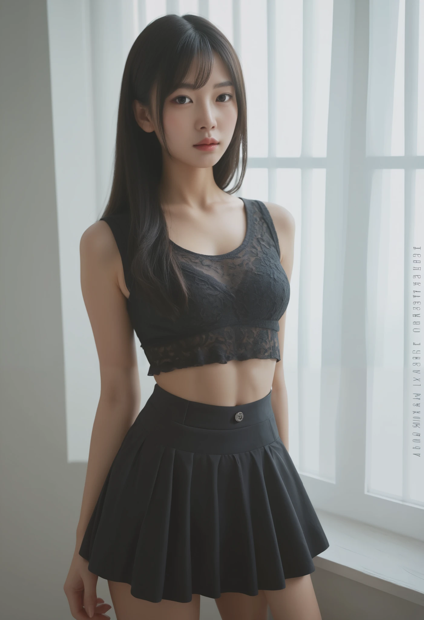 korean model , slim body , 167cm ，Movie Angle，long black ponytails hairstyle, （Cute girl，anatomy correct，loose skirt，（ art，geomerty），（plethora of colorest quality，high detal，tmasterpiece，Cinematic lighting effects，4K，Chiaroscuro）