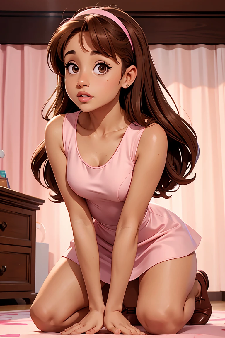 Ariana Grande, long brown hair, wearing pink mini dress, on a bed, barefoot