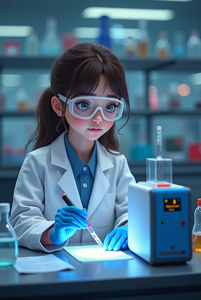 One Little Girl,in laboratory,Look at the microscope and observe --auto