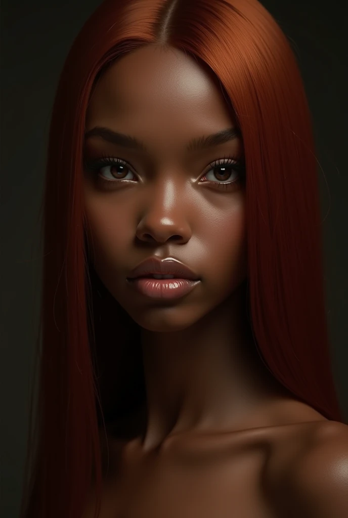 Un retrato exquisito de un (((Negro africano))) woman con deep ebony skin, (((Piel bronceada africana))) (face con freckles), (((desnudo))), Round photography captured in impressive resolution (((8K))) and raw formatting to preserve the highest quality of details. She is completely desnudo, con round tits, (((labios pintados de rojo))), Una sonrisa seductora, y sus piernas abiertas de par en par. La belleza de la mujer es innegable., su rostro domina el encuadre en un primer plano que revela los intrincados detalles de sus ojos.. Su (((long eyelashes))) show the captivating depth conin. The photograph is taken con a lens that emphasizes the defiance in her desnudo body. Su straight, pelo rojo intenso atado en una cola de caballo, con