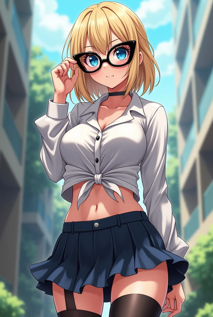 1 girl, solo, masterpiece, sunlight, pink half shoulder polo shirt, pleated skirt,outside, large breasts,black eyes, blonde haired, open hairstyle, fancy round earings,fancy shirt, designer shirt, stockings, standing position, posing for photoshoot,nose ring, ring, beautiful illustration, top-quality,hot, round spectacles.