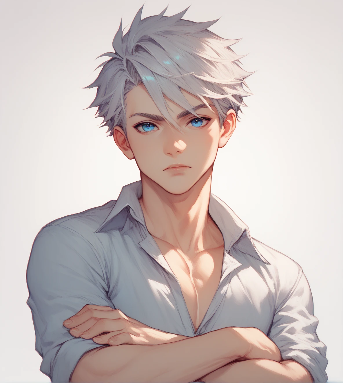 Beautiful boy with crossed arms, silver hair, Blue eyes facing the front