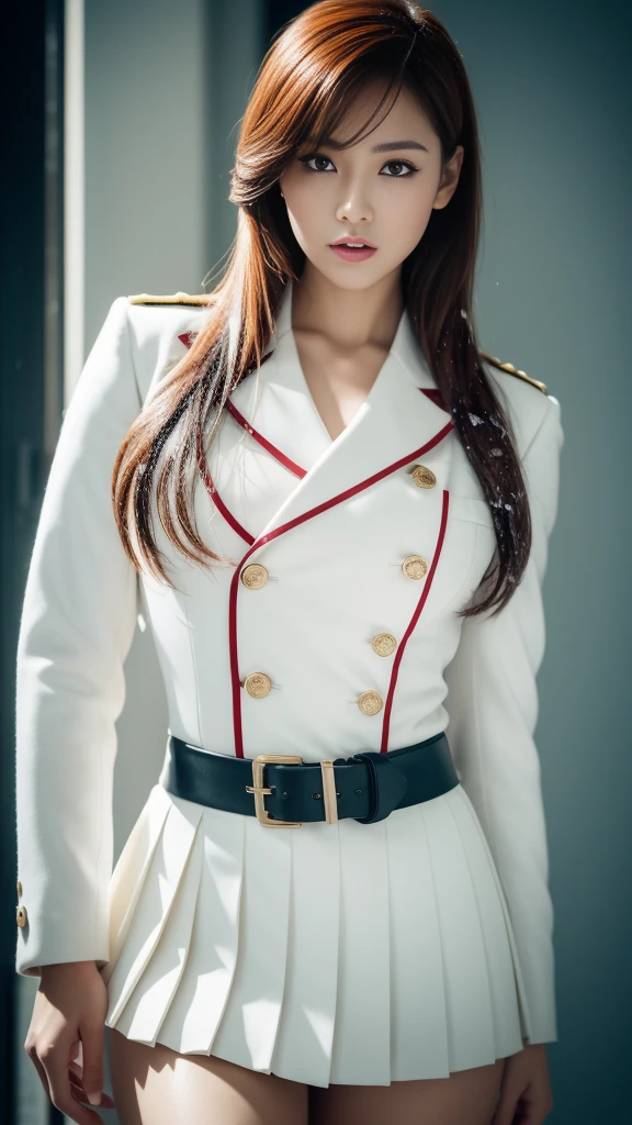 (high resolution, distinct image) Best quality, mature woman in military uniform, masterpiece, high details, realistic, black hair with bangs and straight hair, white uniform with white gloves, a white military cap on her head, sword at her waist, strong and heroic posture, indoor background, exquisite facial features, cinematic feel, complete five fingers, lighting and shadow effects, half-length portrait.