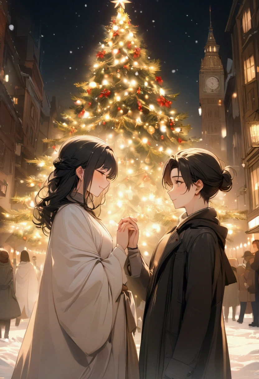 (masterpiece,  high definition,  high definition , 8k), In the snow,  beautiful woman ( cute profile , Medium-long black hair ), Handsome man（Cool and innocent profile,  black hair medium ）,  they look at each other 、Laughing happily,  I look up at the big shining Christmas tree,  in the city of lights that shine at Christmas markets , The world of pure white,  A world of sorrow ,  beautiful snow dances quietly , Viewed from afar,  The world of hazy snow ,  shines like diamond powder 