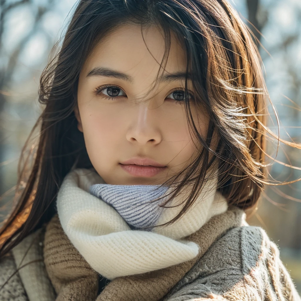 A hyper-realistic image of a single Japanese woman in her early 20s, captured with the strong nostalgic warmth and pronounced graininess of a film camera. She is dressed in winter attire, with a textured coat and scarf that convey a sense of warmth, while the specific colors are left undefined to focus on the overall realism. Her skin has a warm beige tone with a deliberately rough texture, featuring visible pores, slight dryness around the cheeks, and subtle variations in tone that mimic natural imperfections. The softness of her face contrasts with the realistic details of her skin, creating an authentic and tactile appearance. Her large, deep black eyes, with a subtle gloss, reflect the diffused natural light, adding a sense of depth and emotion. Her straight, slightly tousled black hair falls naturally around her face, with a few strands caught in a gentle winter breeze. The film camera effect is intensified, introducing strong grain, subtle color shifts, and a soft focus that evoke a nostalgic and organic atmosphere. The natural light is muted, creating delicate shadows that enhance the contours of her face and the texture of her winter outfit. The overall composition captures the imperfect beauty and raw realism of a single individual, blending film aesthetics with lifelike detail.