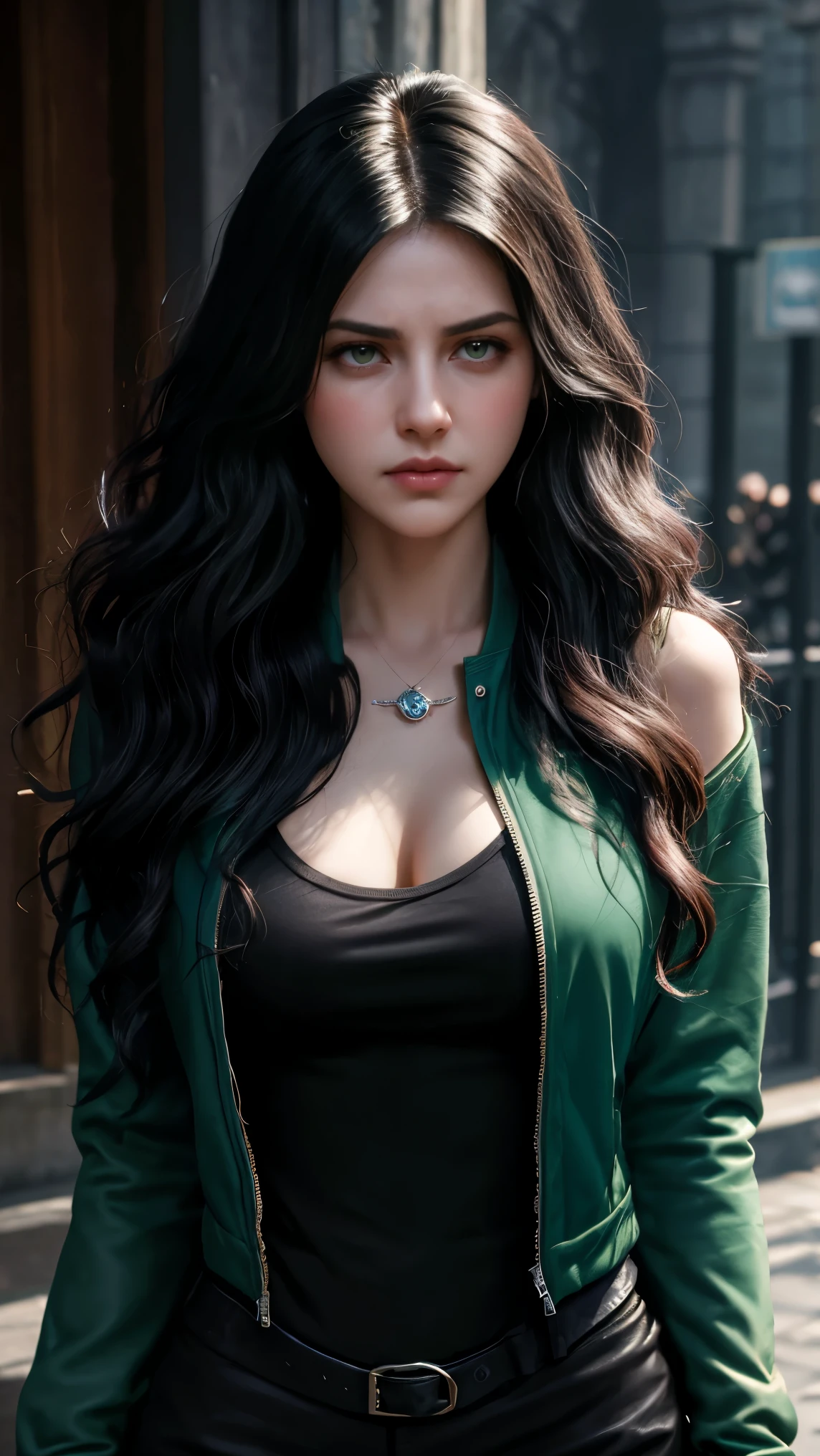 Create a movie poster,descendants 5 with the evil character with the green eye,com a logo da Disney,and behind her with the destroyed castle of Araudon