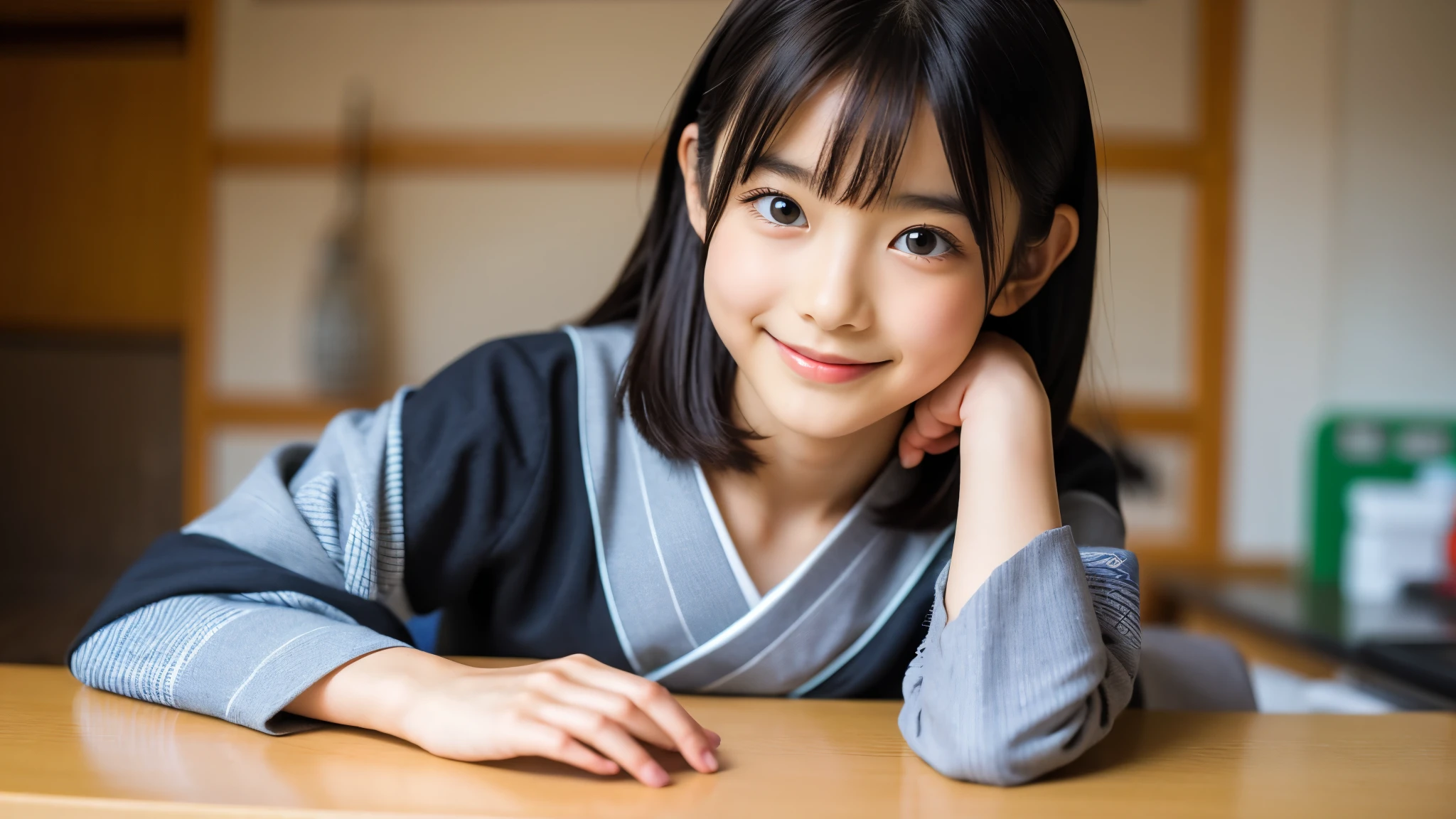 Sit in a traditional Japanese room、A young-looking zashiki warashi、wearing a kimono、Hair is black、A slightly innocent look、Tatami and Shoji Screens、Face close-up、Bob、Big eyes、3 year old 、