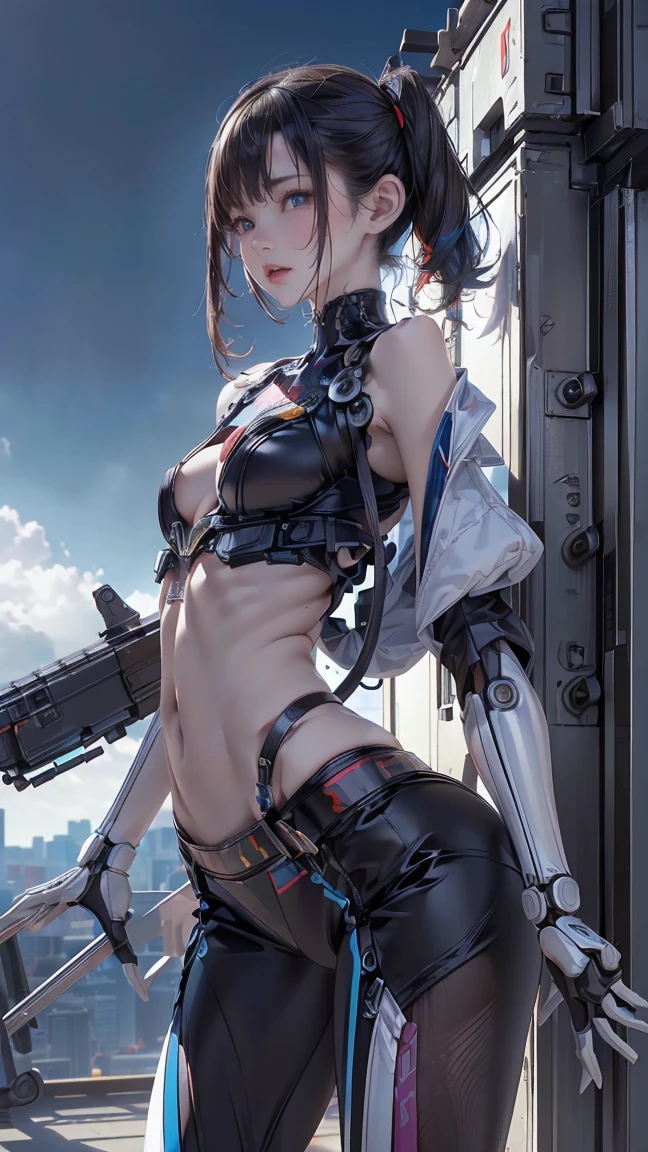 1girll，araffed robot with a gun and a gun in its hand, Seductive body，Super cute girl，Monster background，Godzilla background，Huge mech back, female mecha, wlop and krenz cushart, 4k highly detailed digital art, anime robotic mixed with organic, High quality digital concept art, by Krenz Cushart, cyberpunk anime girl mech，Pink and white mech, girl in mecha cyber armor, Impressive face， delicated face，facial closeups，Elaborate Eyes， Handsome fighting stance，Particle，High detail in light and shadow，Push back feeling，future warrior，Exquisite body details，Best Tech Poster，Best 4k anime wallpapers，Reasonable body structure，Short pink and white hair，Hair details of the mechanism，Reasonable body structure，laser，wing，Cool weapon，A body，Reasonable body structure