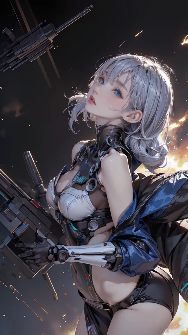 nsfw, 1girl, nude body, (masterpiece: 1.4), (8K, realistic, raw photo, best quality: 1.4), nipple areola shape clear, Japanese girl, small breasts, beautiful cute face, (real face: 1.4), perfect pussy, beautiful hairstyle, realistic blue eyes, beautiful detail eyes, (real skin: 1.3), beautiful skin, attractive, ultra high resolution, ultra realistic, city ruins, post apocalyptic world, cinematic lighting, white colored hair, long hair, twin ponytails, blue ribbons, angry face, weapon in hands, futuristic fantasy, battle pose