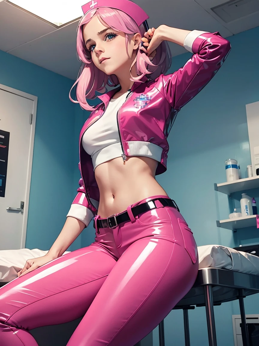 (A girl with pink double ponytail with long hair and pink nurse costume sitting on the ground:1.3),(Wear pink:1.3),Nurse hat,Pink turtleneck full body nurse uniform,hospital,hospital bed,Solo,upper-body,Cowboy shot,(Bottom-up perspective:1.3),Bright eye,Smile with,Sit on the ground with your knees bent,leg raise,full full body,Short pink skirt,(leggy:1.3),Exposing the skin of the legs,(The Masterpiece),(best qulaity),Lifelike,Cinematic light,Cool pose,Perfect body,Pink leather turtleneck tight uniform,Pink shirt,impossible bodysuit,