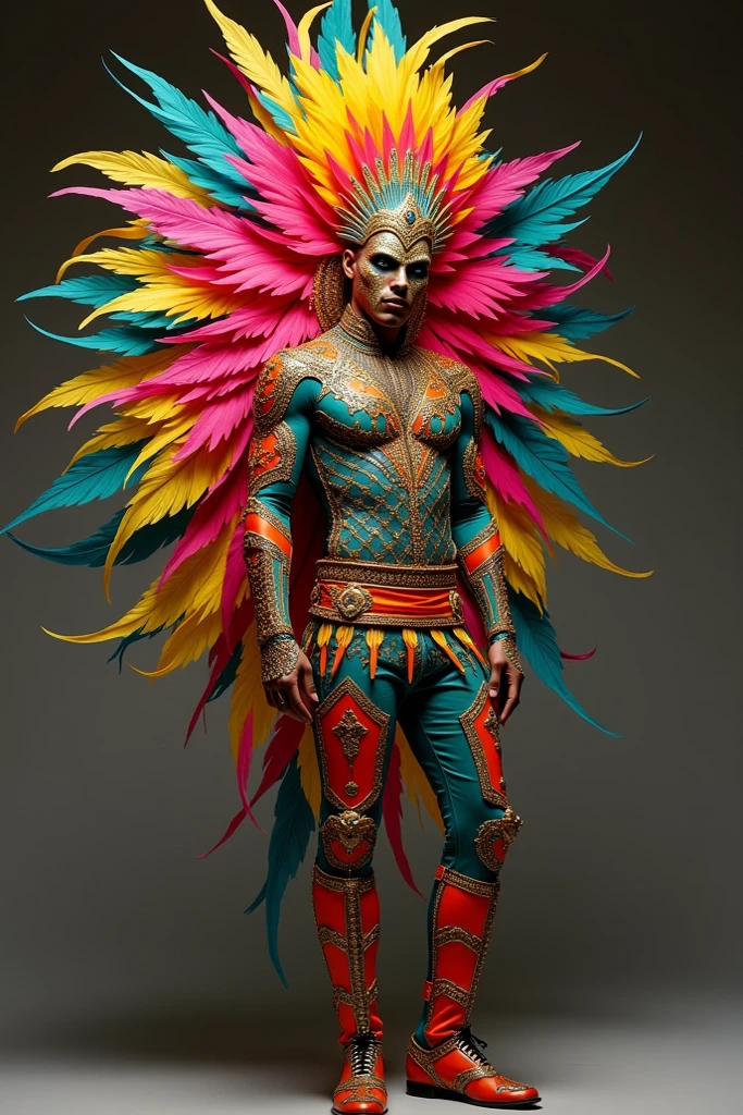 Hyperrealistic image of an African superhero burlesque dancer with two huge symmetrical rainbow wings very old and very sweaty gray-haired bodybuilder over 50 years old very muscular and fat More than 200 kilos in weight with a naked torso.big flabby pecs brown nipples and big gray mustaches with huge tattooed arms dressed in black lace's underwear and high heels on a burlesque stage