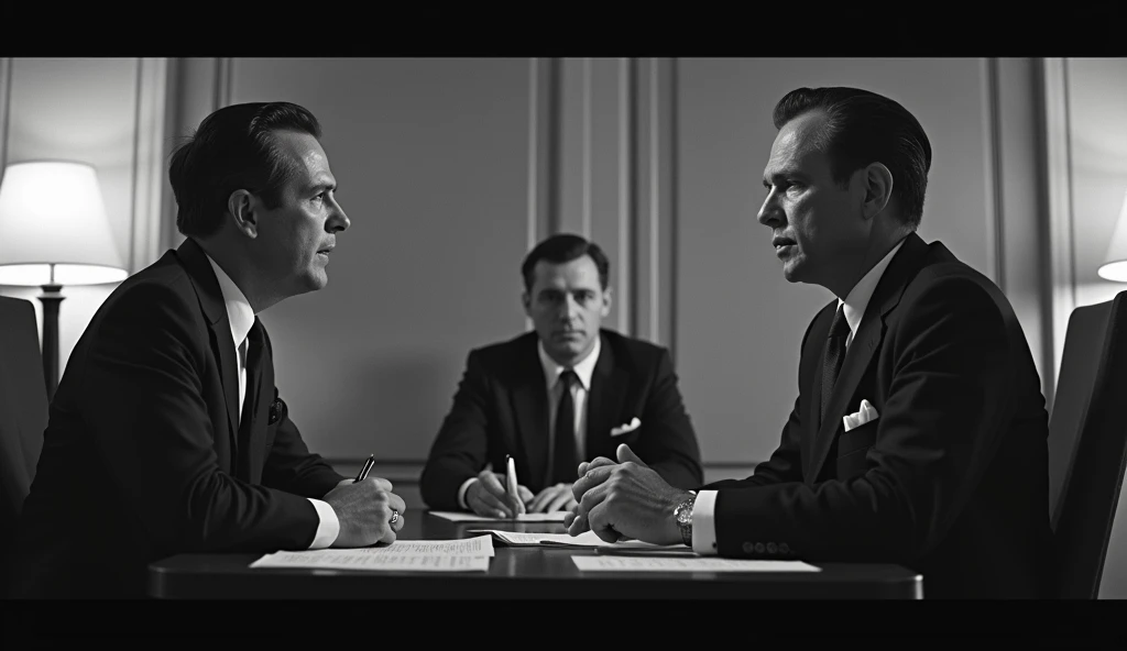 {A vintage photograph of a secretive warfare advisor dressed in a black leather coat, engaged in a clandestine meeting with a Latin American dictator. The room they're in is dark and emanates a sense of covert operations. Their faces are obscured by shadows, adding to the overall enigmatic atmosphere. The image is set in the 1950s, suggesting that this meeting was secretly documented.}, Photograph, Film Noir Style, Inspired by Mid-century Espionage Films, Shot with a Hidden Camera, Medium Shot, Rendered in high-resolution black and white filmic render with emphasis on (shadows:1.2) and (contrast:1.2).