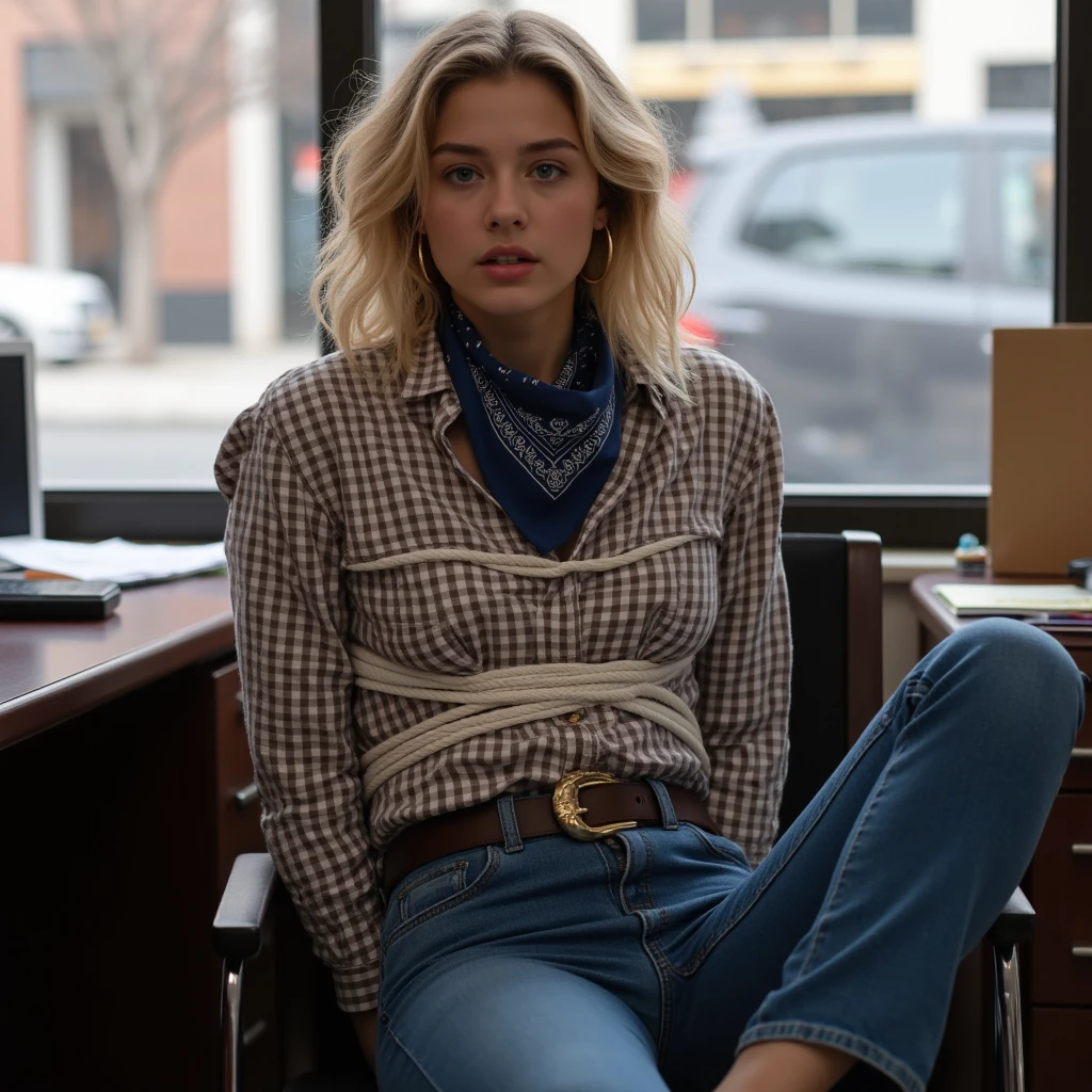 A photo of a Chloe Grace Moretz captive sitting in a chair in an office, with a USA city street visible through the window. She is wearing an elegant checkered shirt tucked into blue jeans and heels, a blue bandana around her neck, a belt with a big buckle, and gold hoop earrings. The curly blonde has her hands tied behind her back and there is multiple white rope wrapped tightly around her upper chest/shoulder area. She appears quite worried.