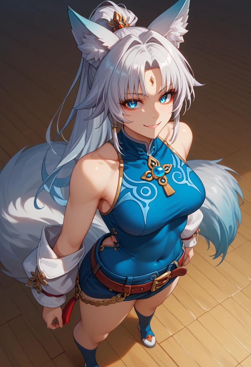 sEssential_9,sEssential_8_above,Essential_7_above,  Feixiao-hsr nude , 1 ,  animal ears , Alone,  wallpaper looking at the viewer, shezfe , blue eyes, breasts, fox ears,  long hair, smile, jewelry, toys, Animal ear fluff, covered navel , belt,  ponytail, fringe, seductive,, realistic, highly detailed face, detailed eyes, best quality, masterpiece, ultra detail, ultra high res, extreme detail, 8k, UHD, voluptuous, curvy, thick thighs,  front, 