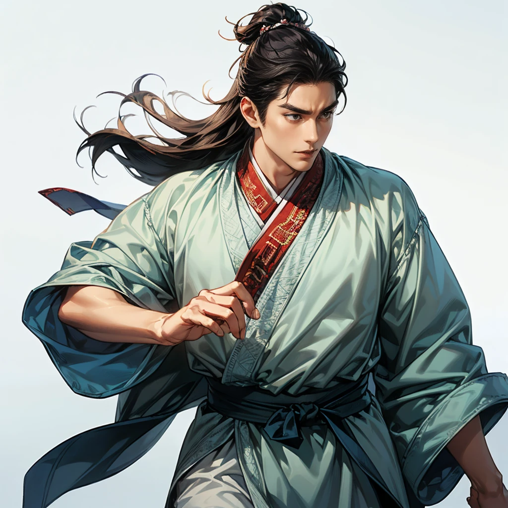 ( best quality,4K,8k, high definition ,masterpiece:1.2),super detailed,(Realistic,photoRealistic,photo-Realistic:1.3),(((1 person))),20-year-old male,Ancient Chinese military strategist:1.2,( long greyish black hair,unkempt hair,good man), slender,(round face:1.3,Round jaw line:1.1), detailed eyes ,Shining Brown Eyes ,look far away, Detailed Face ,Confident smile:1.2), dynamic lighting,( blue ancient Chinese Hanfu ,white ancient Chinese pants ,Lightly Armed),dynamic pause:1.2, (((The man sticking his arm out to the side , is giving orders to soldiers,perfect hand,5fingers))),(( cowboy shot:1.3)),(( white background:1.3,simple background:1.2)),( standing:1.3,wide-angle photo:1.3, candid photo,Depicted so that you can't see everything from the tip of the head to above the knee:1.2),from side:1.2