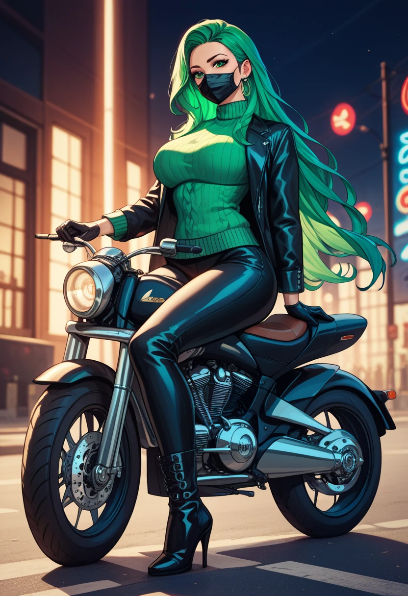 (masterpiece, top quality, best quality, official art, beautiful and aesthetic:1.2), a close up of a beautiful woman sitting on a motorcycle with red hair, beautiful green eyes, personification of marijuana, princess of cannabis, cannabis, marihuana, marijuana organic painting, marijuana, smoking weed, wearing a marijuana t - shirt, cannabis!, marijuana themed, cannabis paranoia, entheogen, marijuana asymmetrical, pot leaf, marijuana!, weed, ganja, night, moon light, street, motorcycle, 8 k hd detailed oil painting, at a city street, photorealism,