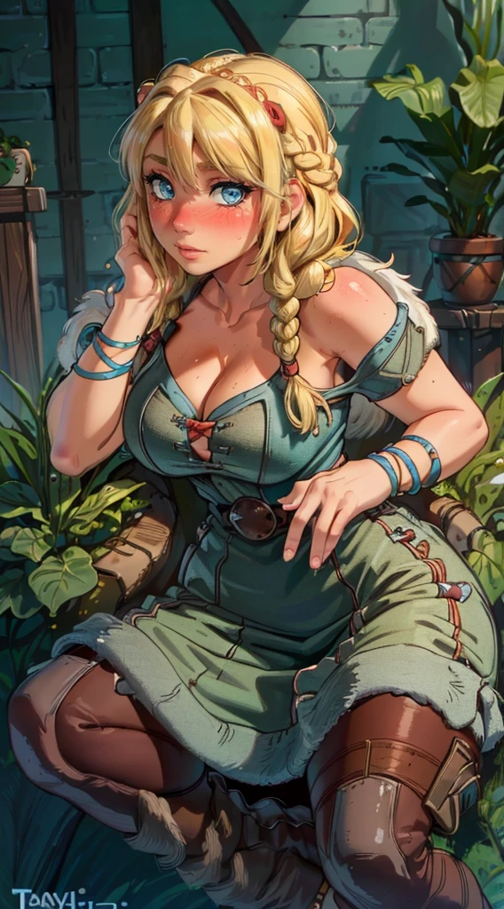 ( better quality :1.3), (),  Astrid from How to Train Your Dragon, (( detailed face)), ((blush)), (big ), neckline, sexy( curvy body),  ((braids of hair)) , (playa), ((tangabikini ))