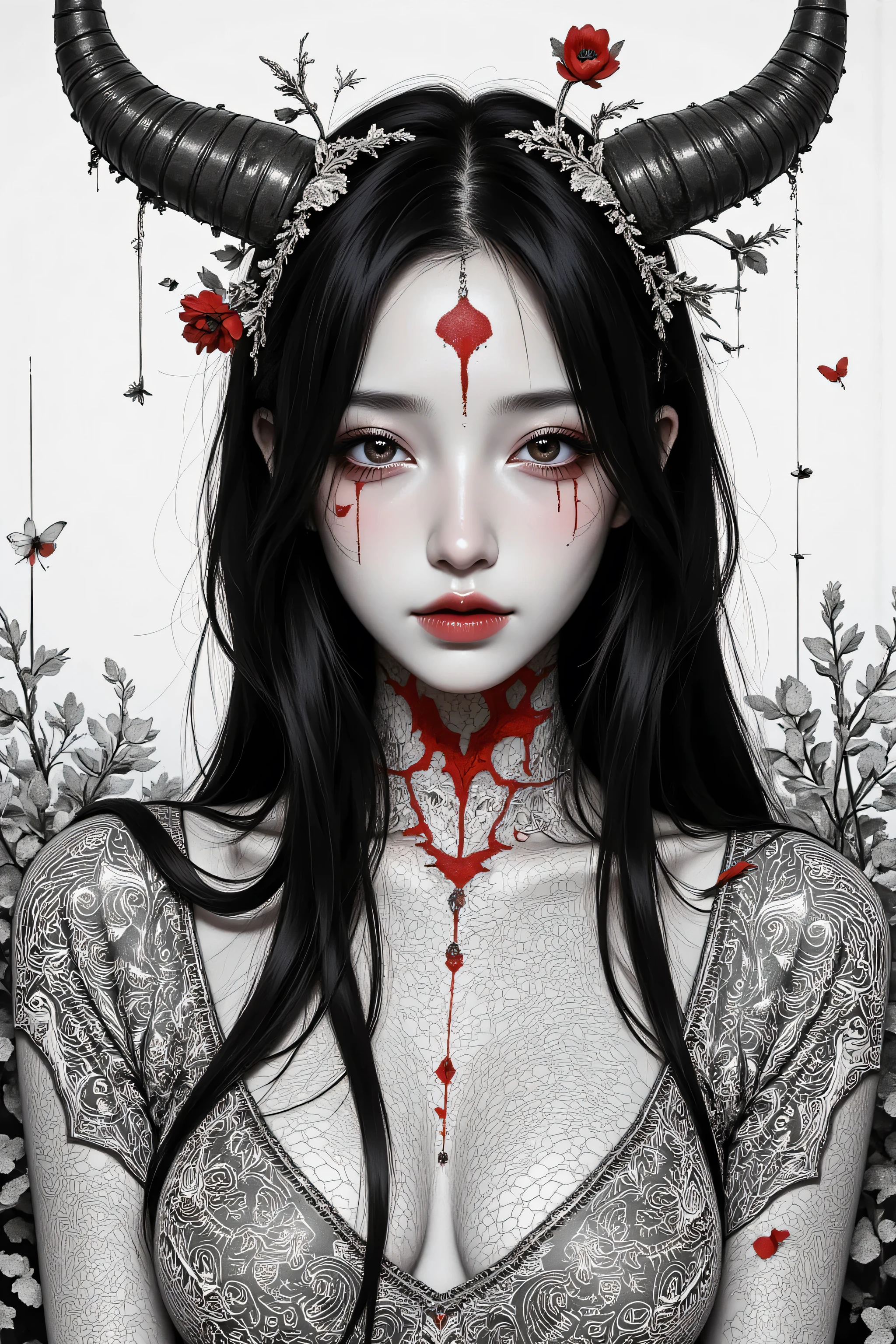 Yandere girl bleeding from the eyes, Detailed eyes and face, Long eyelashes, Intensely anxious expression, Long flowing black hair, Wearing a white dress, Standing in a dimly lit room. Moderate: Dark Horror Art. Further details: Sharp focus, Spooky atmosphere, Blood splatters on the walls, There's a knife in her hand. Highest quality, Very detailed, Realistic rendering. tone: Dark and gloomy. Lighting: Dramatic shadows and dim lighting, create an ominous atmosphere.