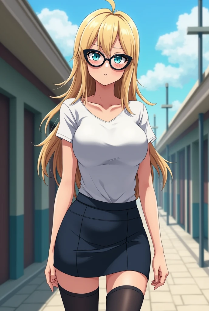 (High quality, High resolution, Fine details), teacher, BREAK White blouse, BREAK Black tight mini skirt, Wearing glasses, solo, curvy women, BREAK blond hair, sparkling eyes, (Detailed eyes:1.2), smile, blush, Sweat, (Suntanned skin:1.4), Oily skin, shallow depth of field, natural light, casting a warm and inviting glow