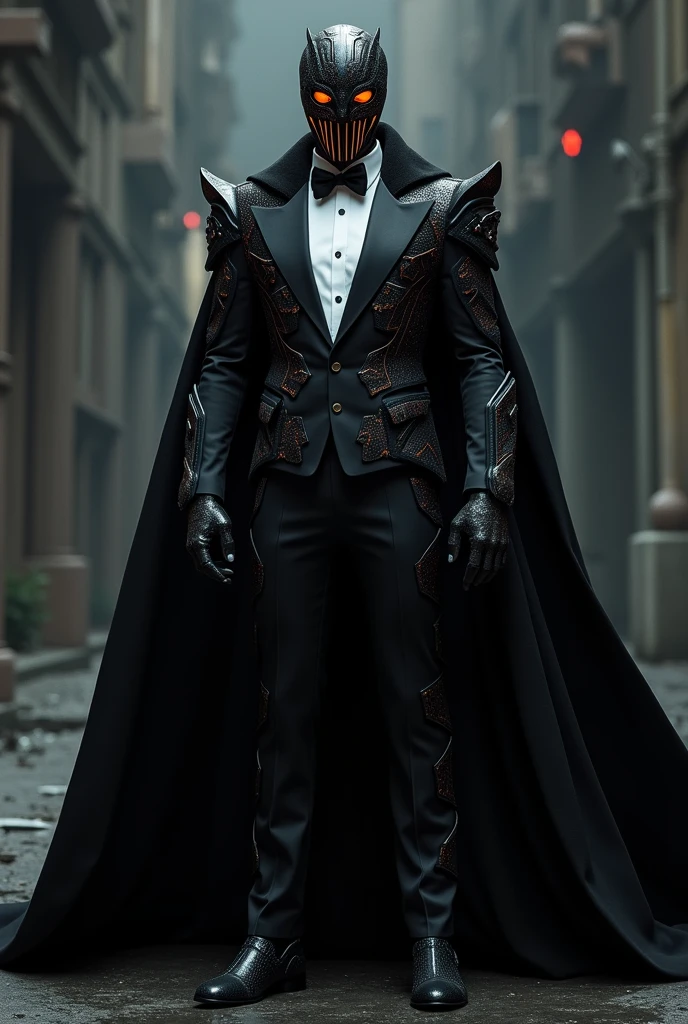 Man in a black suit with black hat and black cape, suit is tuxedo but nano tech and mask covers the entire face and also nanotech with orange eyes the mask is optimus prime like