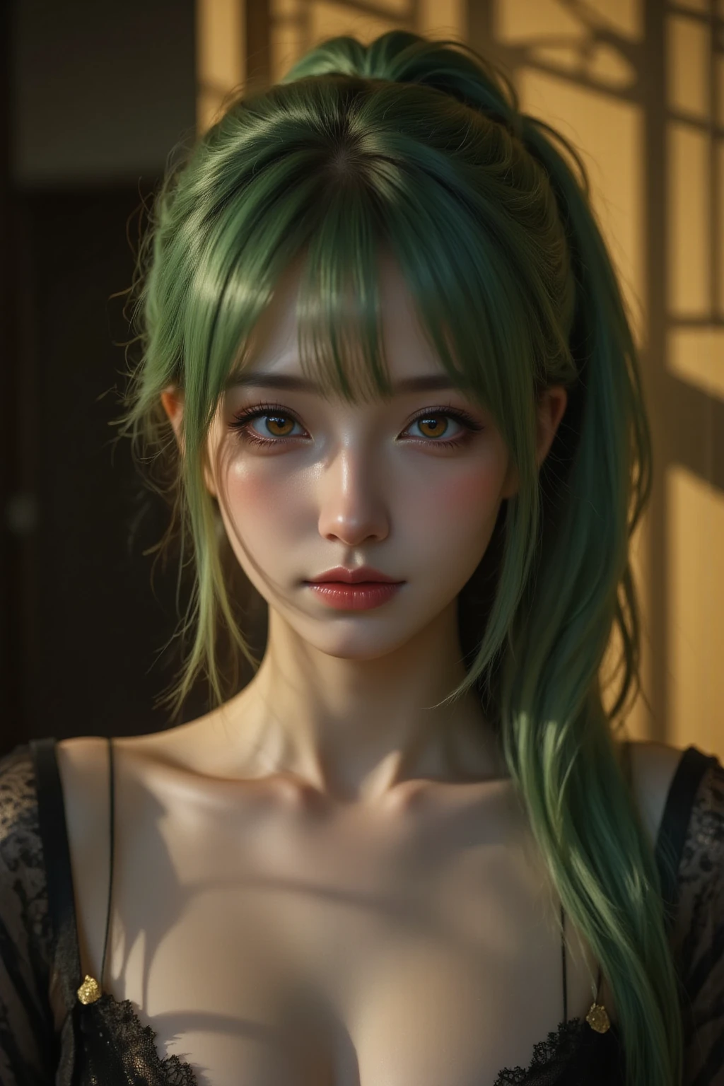 perfect face,Green hair , Yellow eyes ,red wedding dress wearing woman,Photorealism v8, high quality,8k, detail, cinematic lighting , full picture