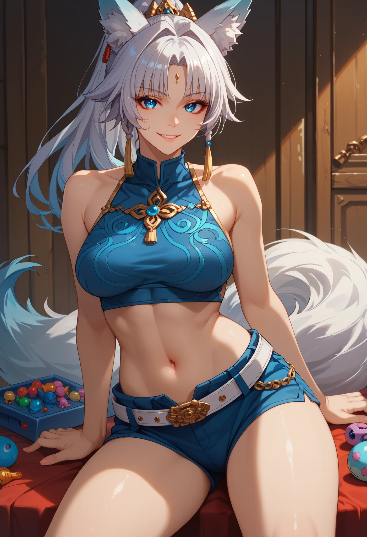 sEssential_9,sEssential_8_above,Essential_7_above,  Feixiao-hsr nude , 1 ,  animal ears , Alone,  wallpaper looking at the viewer, shezfe , blue eyes, breasts, fox ears,  long hair, smile, jewelry, toys, Animal ear fluff, covered navel , belt,  ponytail, fringe, seductive,, realistic, highly detailed face, detailed eyes, best quality, masterpiece, ultra detail, ultra high res, extreme detail, 8k, UHD, voluptuous, curvy, thick thighs,  front, 