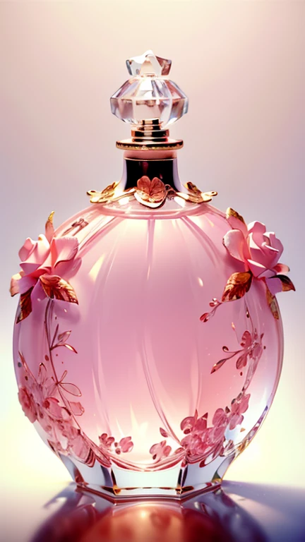  beautiful perfume bottle　 greatest masterpiece　 High Quality 　High Precision　pink silhouette、 white background　There are lots of white roses scattered around　、It's very glamorous、Bright lighting　container design 、 delicate design 　A masterpiece 