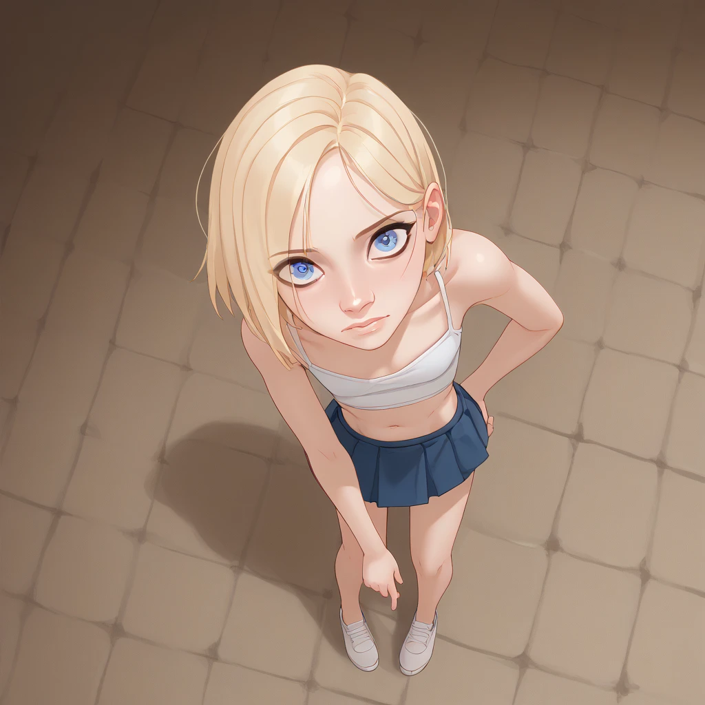 source_  animated,   score_9,   score_8_above,   score_7_above,   score_6_above,   score_5_above,   score_4_above, 
 a girl, alone,   small breasts ,    looking at the spectator  , Blue eyes, skirt, blonde hair,  Medium high , belly button, neckline,  Collections ,  animatedra,  nude
