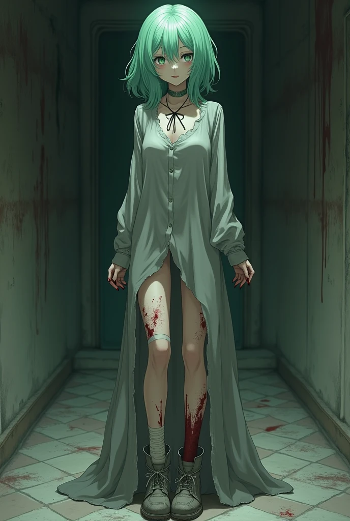 Blood Sea style， Detailed shiny skin，(Fidelity, Fidelity: 1.4) , the night, A huge red moon outside the window， A pretty girl， are standing， Look out the window， white  shirt， collared shir， white necktie， of white pants， longer sleeves， White coat， Expressionless， Red eyes, white hair+long whitr hair
