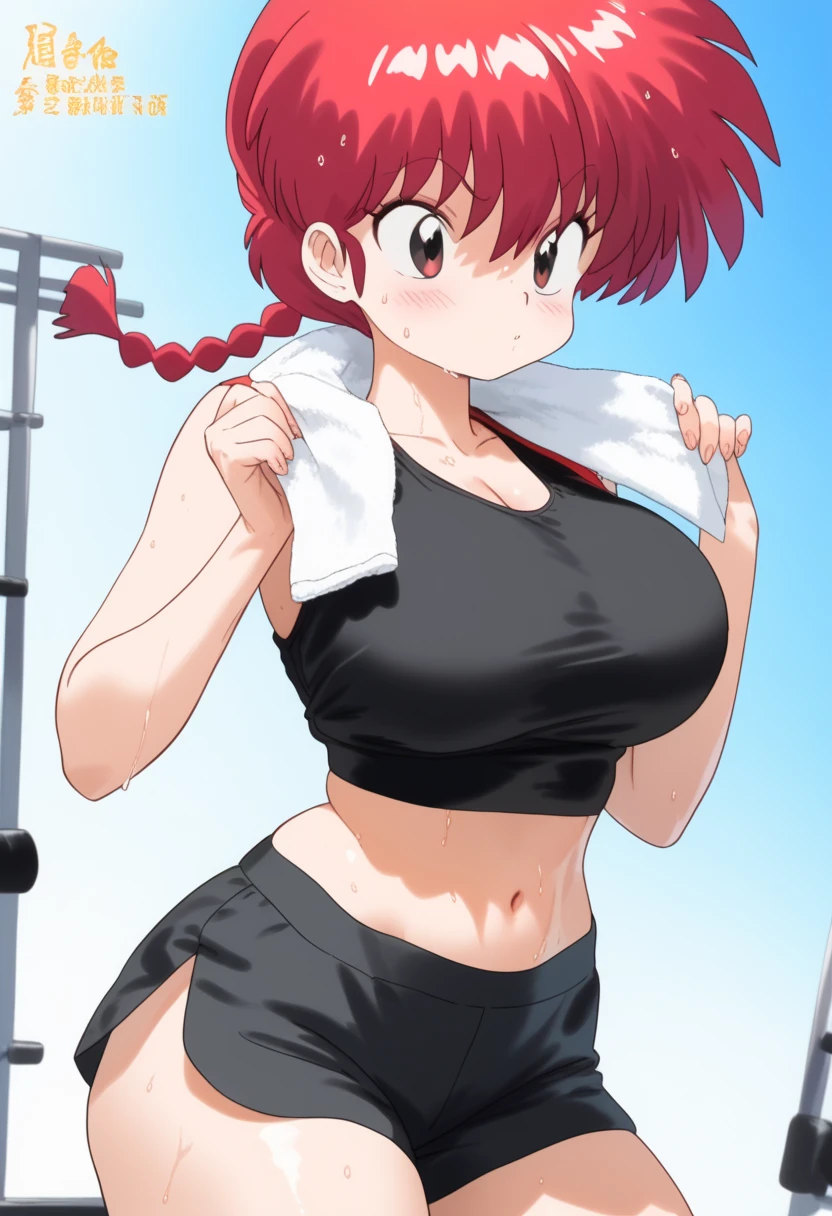  Ranma saotome , red hair, braided hair, Big boobs, NSFW, abdomen sexy, beautiful face, pose sexy,  Beautiful woman, fullbody, workout clothes, black exercise top,  black shorts,  bare navel ,  thick thighs , sweat,  value leaving the body,  strong abdomen marked , using towel, secandose sweat