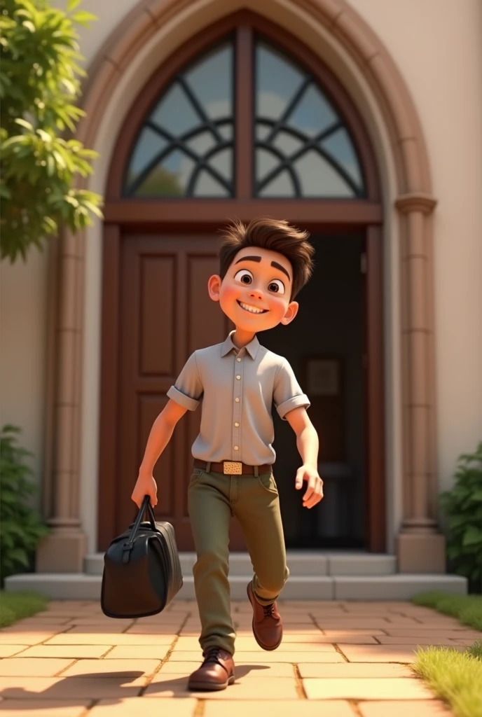 Generate Pixar cartoon : a young man leaving church happy after confessing with a black bag 