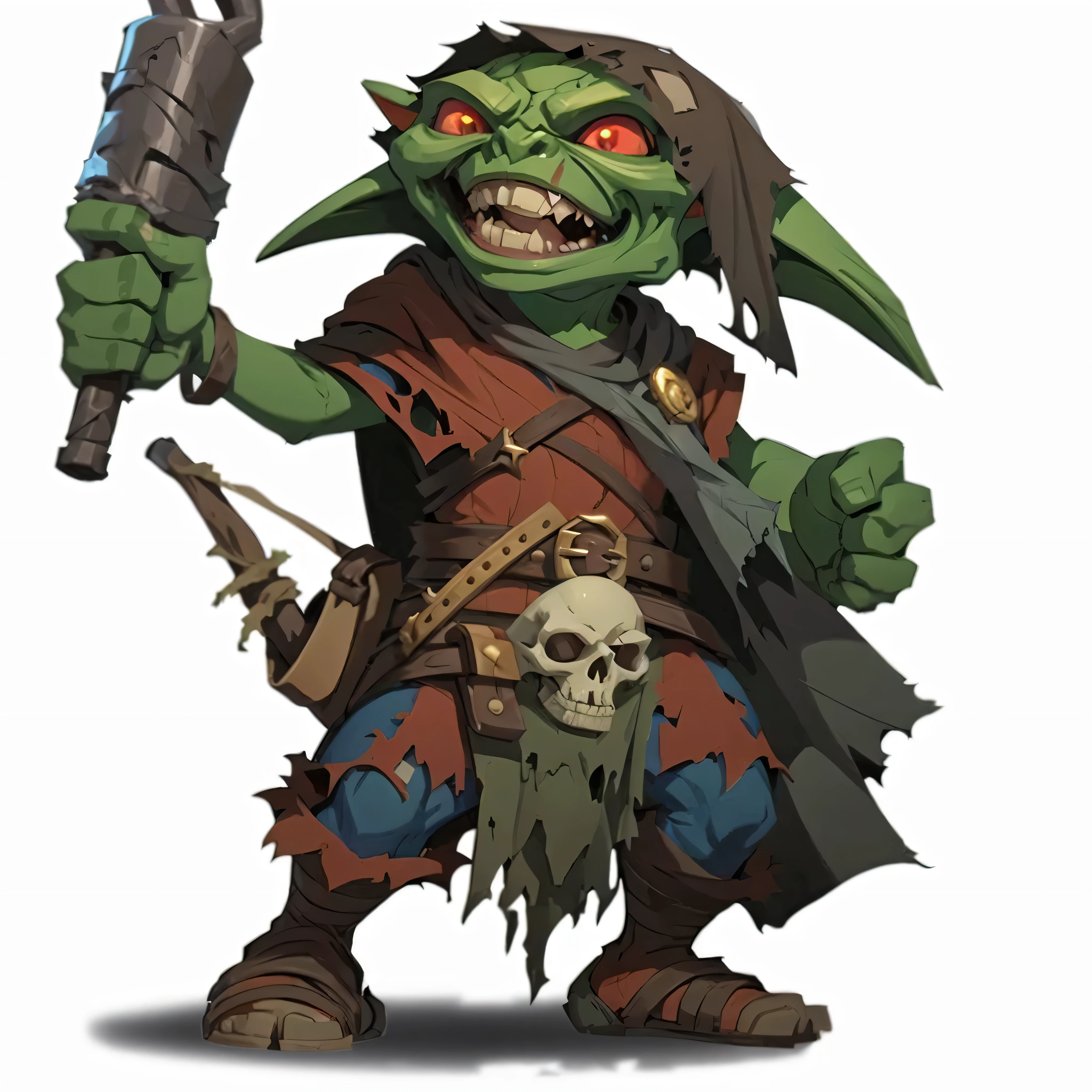 mstoconcept art, european and american cartoons, game character design, solo, 1MAN, Pathfinder goblin, MALE goblin, druid, gnome, small, short height, CLEAN FACE, white BACKGROUND, bald young, FULL BODY, STANDING, barbarian clothes, old and torn clothes, old clothes, dirty clothes, holding up a leather coin bag, fantasy goblin, (((detailed))), (((high resolution))), an animal skull on the belt