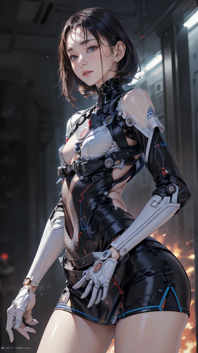 ((Best Quality)), ((Masterpiece)), (Details: 1.4), 3D, A Beautiful Cyberpunk Female Figure, HDR (High Dynamic Range), Backlight, Battle Damaged Girl, Blood Stains on Face, Blood Stains on Face, Face Blood Stains, Clothes Damaged, Clothes Damaged, Hair Messy, Broken Arms, Hands Covering Wounds, Robotic Arms, Fierce Expressions, Green Eyes, Large Aperture, Ray Tracing, NVIDIA RTX, Super-Resolution, Unreal 5, Subsurface scattering, PBR textures, post-processing, anisotropic filtering, depth of field, maximum sharpness and sharpness, multi-layer textures, albedo and highlight maps, surface shading, accurate simulation of light-material interactions, perfect proportions, Octane Render, two-color light, large aperture, low ISO, white balance, rule of thirds, 8K RAW,