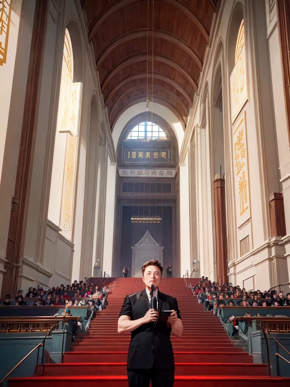  Elon Musk standing at the Great Hall of the People in China，giving speech、the audience applauded