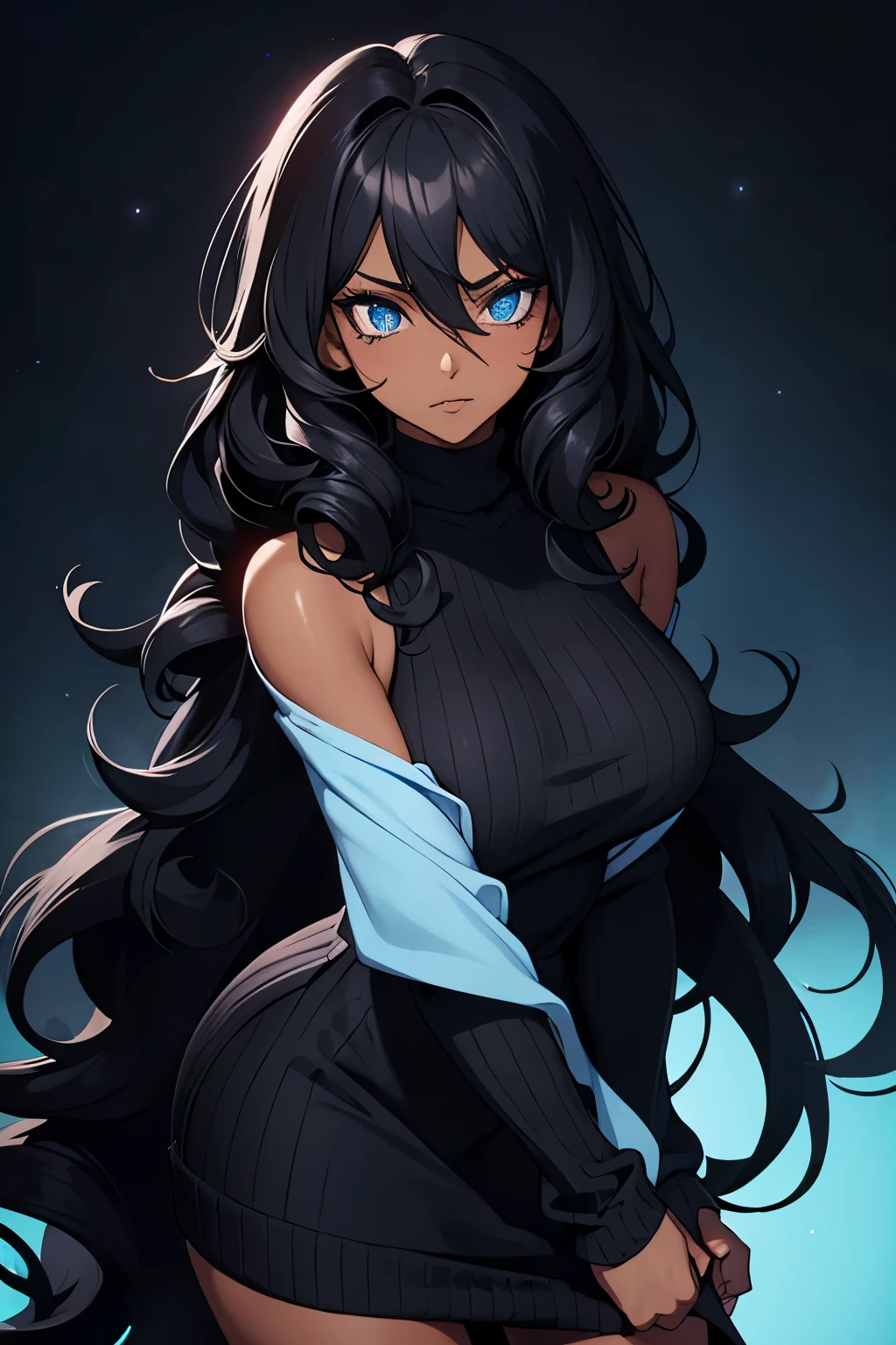 Upset look, cocky, not smiling, looking at viewer, big lips, darker skin, messy hair, black curly hair, very long hair, siren eyes, wearing a black off sleeve sweater dress, light blue eyes