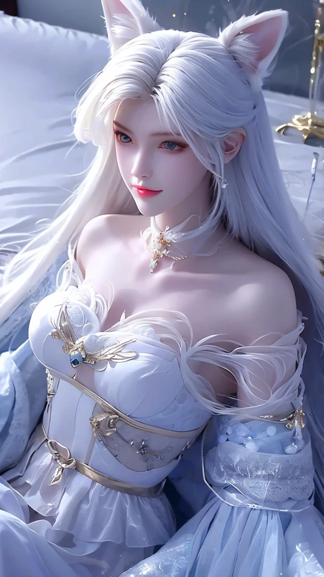  high detail, Ultra HD, reality，European style room，A CHINESE NINETAIL FOX QUEEN LYING ON THE SIDE OF THE BED，long white hair, Bangs,  shut up smile , Big breasts，Bare shoulders， Textured Skin ， with a Ninetail Fox Queen wearing a Chinese Fairy Han costume ，Fingers on her mouth ， , 