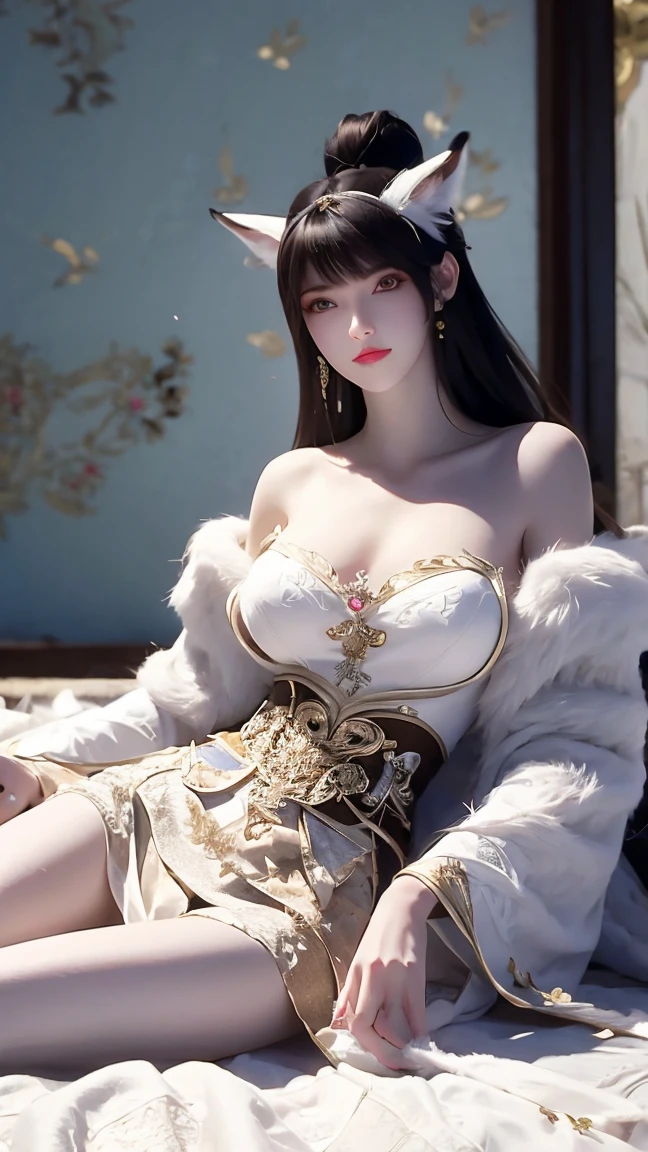  high detail, Ultra HD, reality，European style room，A CHINESE NINETAIL FOX QUEEN LYING ON THE SIDE OF THE BED，long white hair, Bangs,  shut up smile , Big breasts，Bare shoulders， Textured Skin ， with a Ninetail Fox Queen wearing a Chinese Fairy Han costume ，Fingers on her mouth ， , 