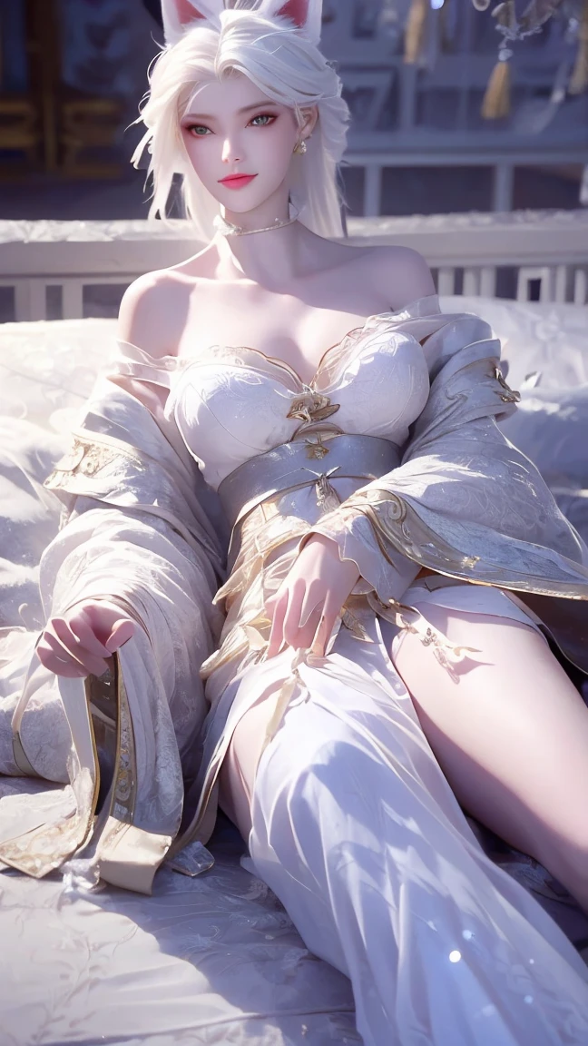  high detail, Ultra HD, reality，European style room，A CHINESE NINETAIL FOX QUEEN LYING ON THE SIDE OF THE BED，long white hair, Bangs,  shut up smile , Big breasts，Bare shoulders， Textured Skin ， with a Ninetail Fox Queen wearing a Chinese Fairy Han costume ，Fingers on her mouth ， , 