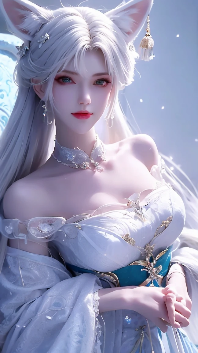  high detail, Ultra HD, reality，European style room，A CHINESE NINETAIL FOX QUEEN LYING ON THE SIDE OF THE BED，long white hair, Bangs,  shut up smile , Big breasts，Bare shoulders， Textured Skin ， with a Ninetail Fox Queen wearing a Chinese Fairy Han costume ，Fingers on her mouth ， , 