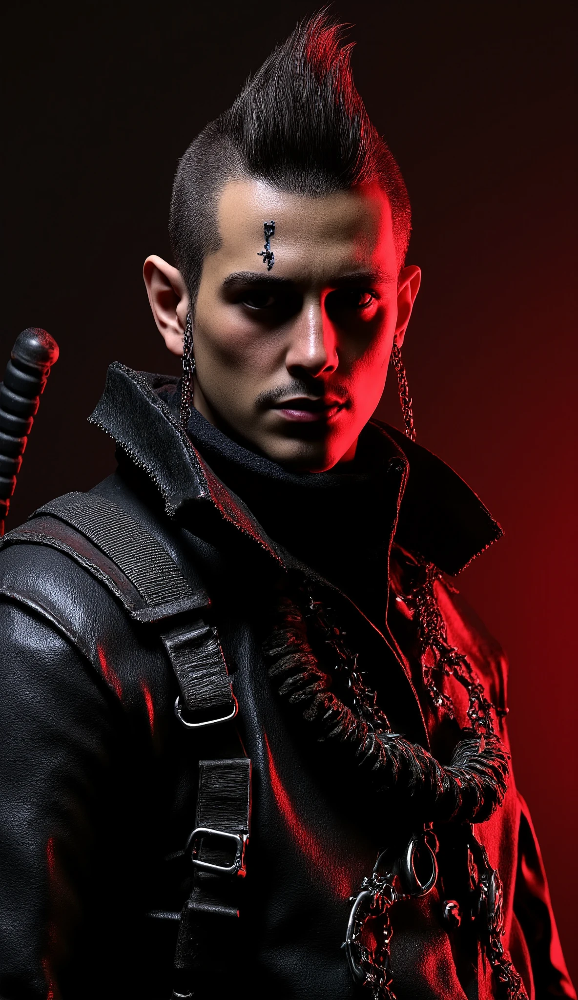  hyperrealistic:1.5,  a close up of a man with pointed mohican hair scars on his face mechanical parts leather jacket with a high collar,  wears two swords on his back are sheathed , punk ornaments on his jacket ,  necklace of chains and spikes ,  is looking to the side  ,  black and red background fading into each other ,  Cyberpunk art by Russell Dongjun Lu ,  winner of the cgsociety , arte digital, cyberpunk horror style, hyper-realistic  cyberpunk style,  cyberpunk character art , Cyberpunk character,  cyberpunk style ，  hyperrealistic,  Cyberpunk character design , cyberpunk art style, cyberpunk type, cyberpunk way,  dark fantasy art cyberpunk , Cyberpunk themed art