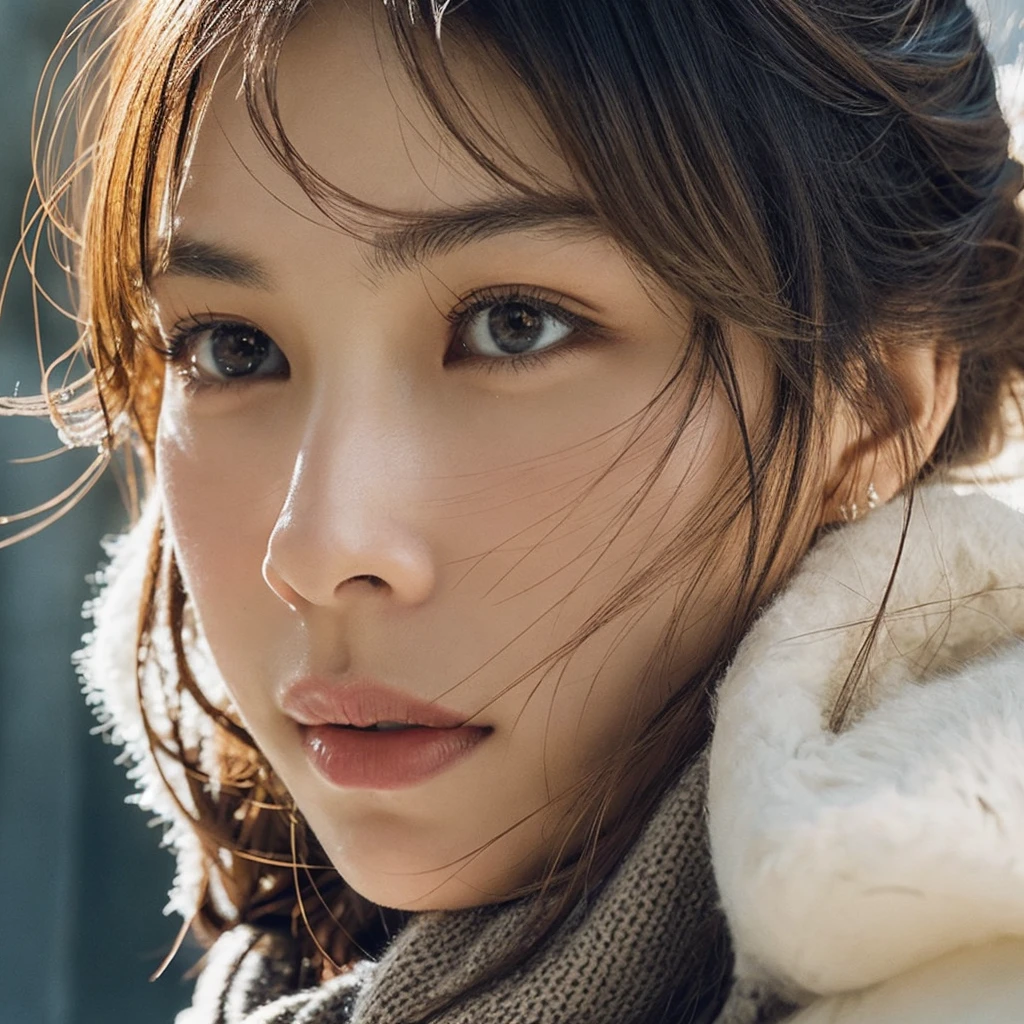 A hyper-realistic image of a single Japanese woman in her early 20s, captured with the strong nostalgic warmth and pronounced graininess of a film camera. She is dressed in winter attire, with a textured coat and scarf that convey a sense of warmth, while the specific colors are left undefined to focus on the overall realism. Her skin has a warm beige tone with a deliberately rough texture, featuring visible pores, slight dryness around the cheeks, and subtle variations in tone that mimic natural imperfections. The softness of her face contrasts with the realistic details of her skin, creating an authentic and tactile appearance. Her large, deep black eyes, with a subtle gloss, reflect the diffused natural light, adding a sense of depth and emotion. Her straight, slightly tousled black hair falls naturally around her face, with a few strands caught in a gentle winter breeze. The film camera effect is intensified, introducing strong grain, subtle color shifts, and a soft focus that evoke a nostalgic and organic atmosphere. The natural light is muted, creating delicate shadows that enhance the contours of her face and the texture of her winter outfit. The overall composition captures the imperfect beauty and raw realism of a single individual, blending film aesthetics with lifelike detail.