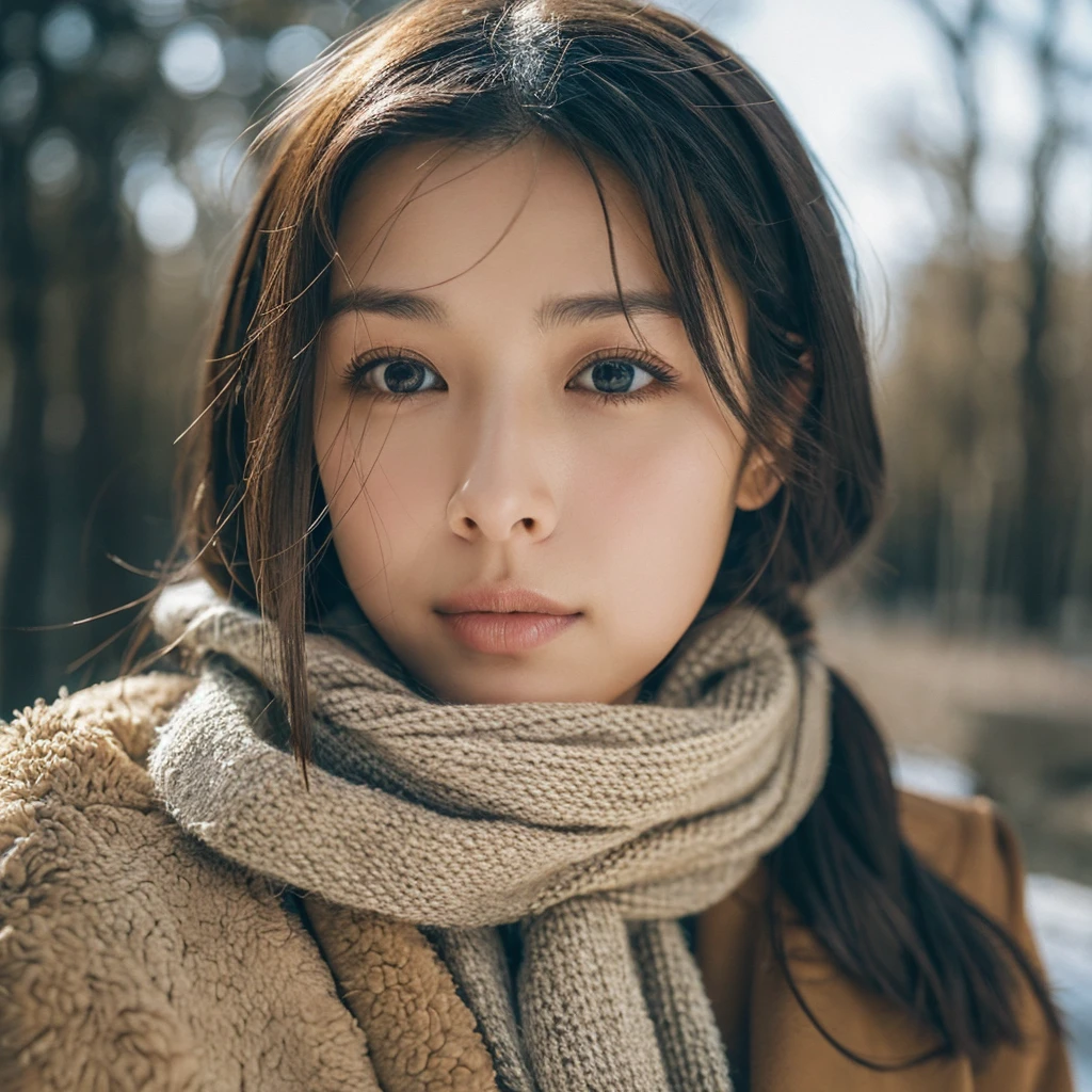 A hyper-realistic image of a single Japanese woman in her early 20s, captured with the strong nostalgic warmth and pronounced graininess of a film camera. She is dressed in winter attire, with a textured coat and scarf that convey a sense of warmth, while the specific colors are left undefined to focus on the overall realism. Her skin has a warm beige tone with a deliberately rough texture, featuring visible pores, slight dryness around the cheeks, and subtle variations in tone that mimic natural imperfections. The softness of her face contrasts with the realistic details of her skin, creating an authentic and tactile appearance. Her large, deep black eyes, with a subtle gloss, reflect the diffused natural light, adding a sense of depth and emotion. Her straight, slightly tousled black hair falls naturally around her face, with a few strands caught in a gentle winter breeze. The film camera effect is intensified, introducing strong grain, subtle color shifts, and a soft focus that evoke a nostalgic and organic atmosphere. The natural light is muted, creating delicate shadows that enhance the contours of her face and the texture of her winter outfit. The overall composition captures the imperfect beauty and raw realism of a single individual, blending film aesthetics with lifelike detail.