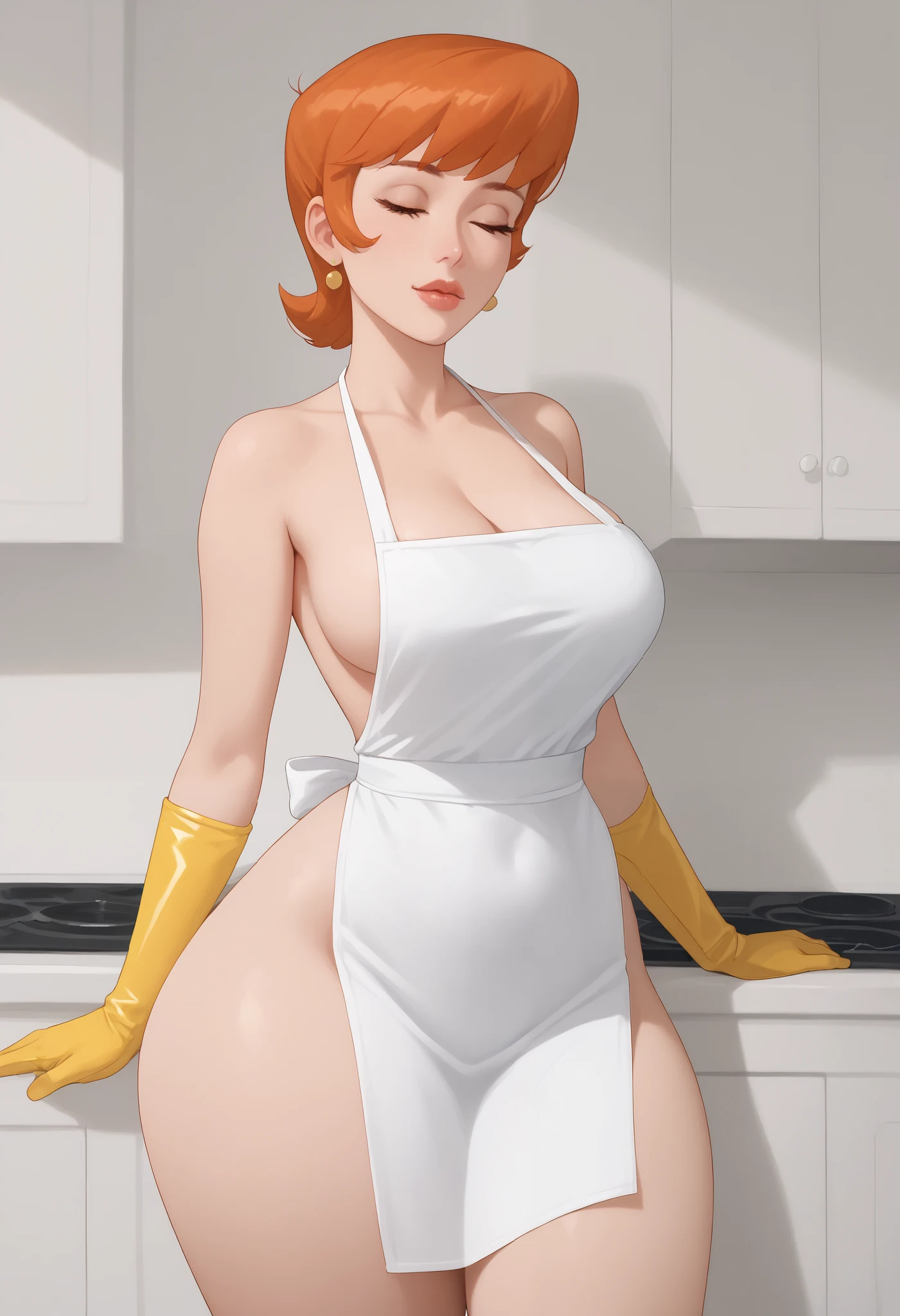  a girl, alone, breasts,  dextersmom, jewelry, Gloves, shirt, apron, kitchen, sexy body,   portrait,     mature woman   ,    simple background  ,    thick thighs   ,   big butt,     showing slightly the slit, showing   big butt, to crouch,   nude, sleeping on a bed 