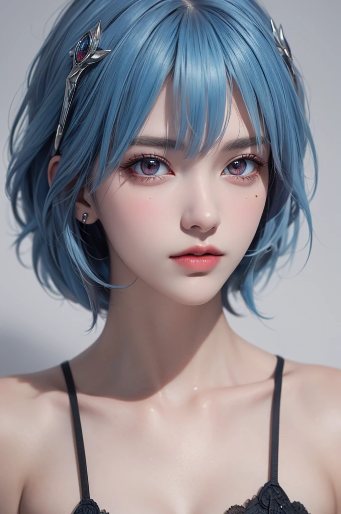 Masterpiece, Best Quality, 8K, Detailed Skin Texture, Detailed Cloth Texture, Beautiful Detail Face, Intricate Detail, Ultra Detailed, Portrait of Rei Ayanami, Blue Hair, Red Eyes, Looking to the Side, No Background