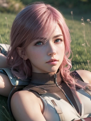 (masterpiece, best quality:1.4), (walk on all fours:1.5), (1girl, solo:1.5), (european youth:1), lightning farron, sleeveless, shoulder armor, cape, skirt, fingerless gloves, looking at viewer, (soft pink hair:0.5), (erotic smile), (erotic pose:1.2), beautiful face, highly detailed face, highly detailed skin, skin pores, (on the grass:1.5), subsurface scattering, realistic pupils, medium breast, full face blush, full lips, detailed background, depth of field, volumetric lighting, sharp focus, absurdres, realistic proportions, good anatomy, (realistic, hyperrealistic:1.4), 16k hdr,