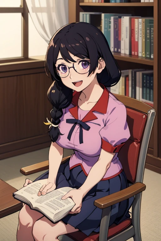 masterpiece, best quality,  defTsubasa, black hair, purple eyes, braided ponytail, glasses, pink shirt, puffy sleeves, short sleeves, pleated skirt, (huge breasts:0.8), sitting, library, bookshelf, reading book, looking at viewer, :D, desk, chair