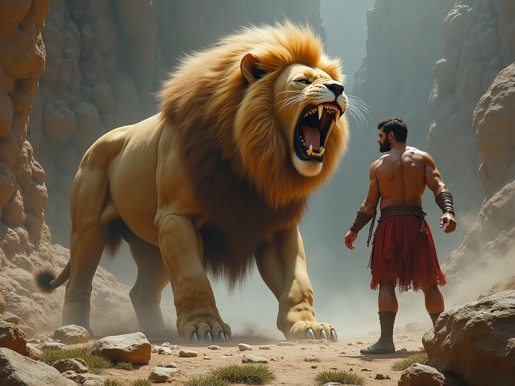 Samson fighting with big lion in the city of Jerusalem