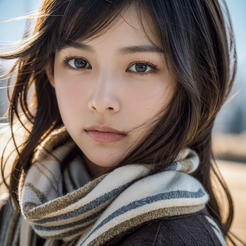 A hyper-realistic image of a single Japanese woman in her early 20s, captured with the strong nostalgic warmth and pronounced graininess of a film camera. She is dressed in winter attire, with a textured coat and scarf that convey a sense of warmth, while the specific colors are left undefined to focus on the overall realism. Her skin has a warm beige tone with a deliberately rough texture, featuring visible pores, slight dryness around the cheeks, and subtle variations in tone that mimic natural imperfections. The softness of her face contrasts with the realistic details of her skin, creating an authentic and tactile appearance. Her large, deep black eyes, with a subtle gloss, reflect the diffused natural light, adding a sense of depth and emotion. Her straight, slightly tousled black hair falls naturally around her face, with a few strands caught in a gentle winter breeze. The film camera effect is intensified, introducing strong grain, subtle color shifts, and a soft focus that evoke a nostalgic and organic atmosphere. The natural light is muted, creating delicate shadows that enhance the contours of her face and the texture of her winter outfit. The overall composition captures the imperfect beauty and raw realism of a single individual, blending film aesthetics with lifelike detail.